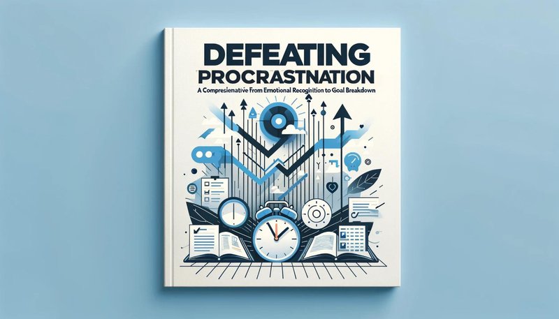 A cream-colored copy of Defeating Procrastination, its cover illustrated with clocks, arrows, and open books.